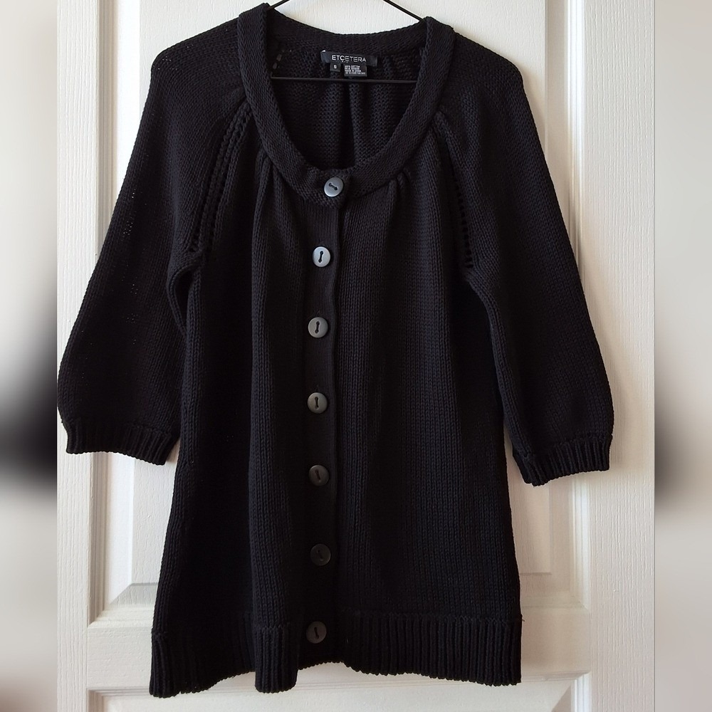 Etcetera Size Small 100% Cotton Black Long Cable Knit Sweater 3/4 Puff Sleeves